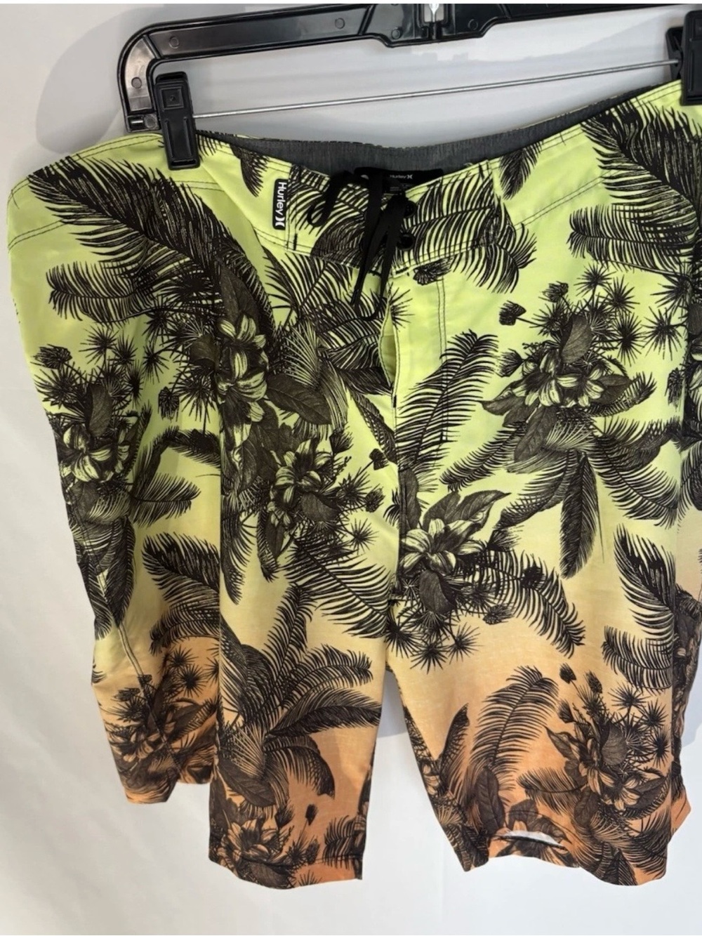 Hurley Men's Swim Trunks Hawaiian Print Yellow Orange Lace Up Tie Waist Sz 38